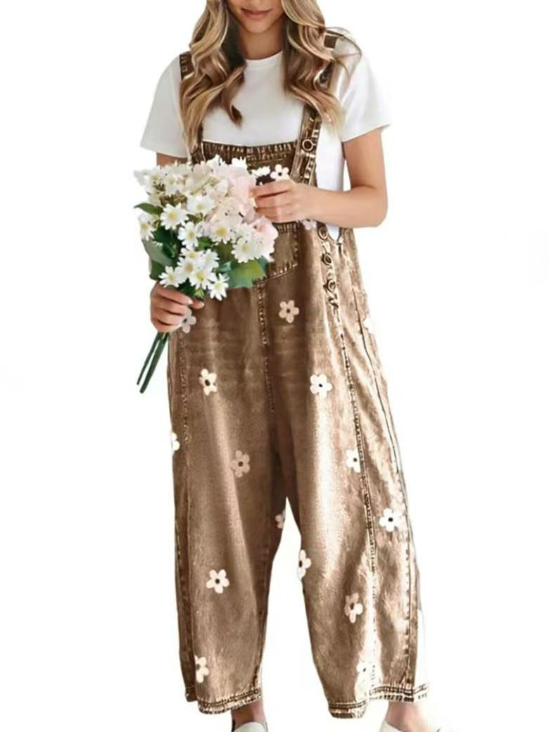 2026 New Foreign Trade Amazon Floral Print Wide-Leg Pants with Patchwork Loose Casual Retro Denim Overalls
