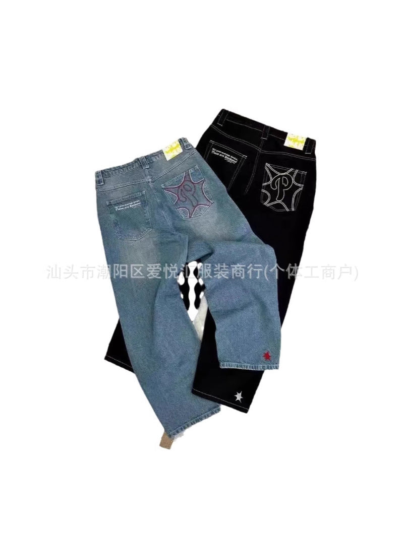 Personalized Retro American Style Street Casual All-Match Jeans for Men and Women Couple Hip-Hop Fashionable High Waist Wide-Leg Trousers