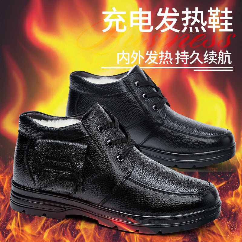 Winter men's cotton shoes rechargeable heating shoes electric heating shoes outdoor cowhide electric heating shoes rechargeable walking heating leather shoes