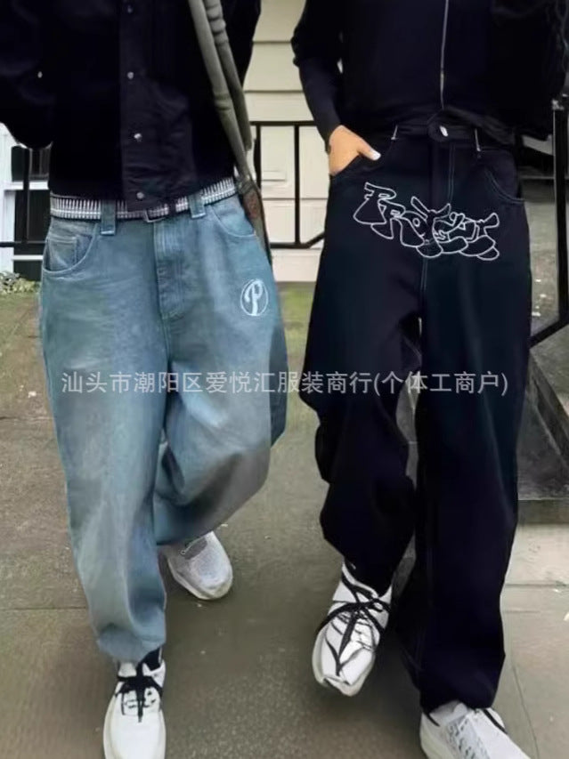 Personalized Retro American Style Street Casual All-Match Jeans for Men and Women Couple Hip-Hop Fashionable High Waist Wide-Leg Trousers
