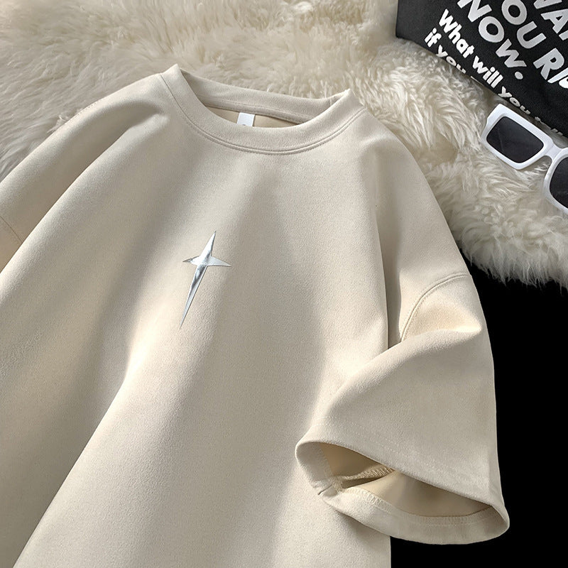 2024 Summer New Suede Short-sleeved T-shirt Men's Heavy-weight oversize Loose Half-sleeved T-shirt