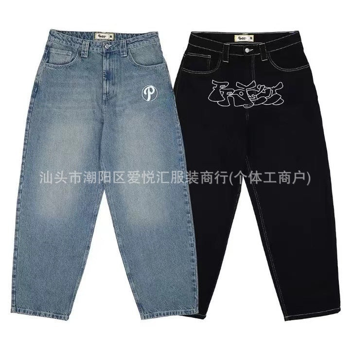 Personalized Retro American Style Street Casual All-Match Jeans for Men and Women Couple Hip-Hop Fashionable High Waist Wide-Leg Trousers