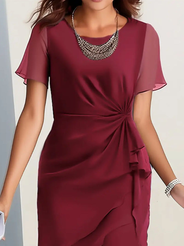 Cross-border independent station new 2025 summer dress stitching chiffon crew neck short sleeve dress