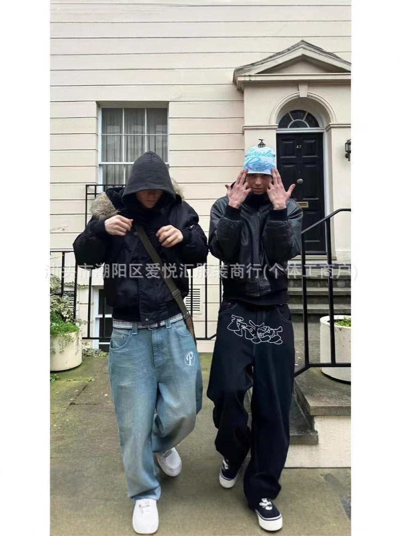 Personalized Retro American Style Street Casual All-Match Jeans for Men and Women Couple Hip-Hop Fashionable High Waist Wide-Leg Trousers