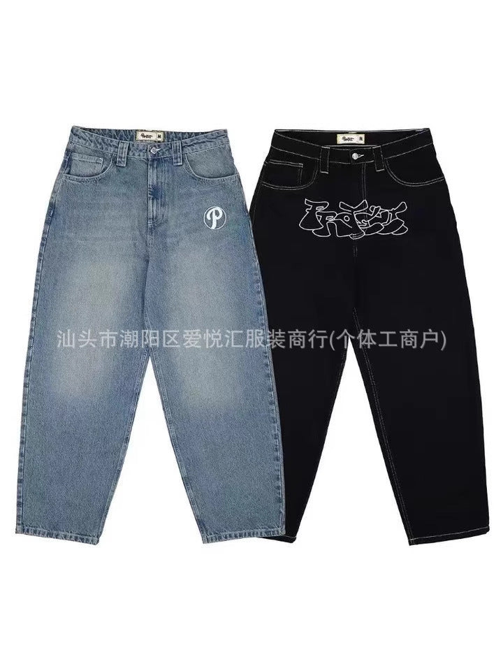 Personalized Retro American Style Street Casual All-Match Jeans for Men and Women Couple Hip-Hop Fashionable High Waist Wide-Leg Trousers