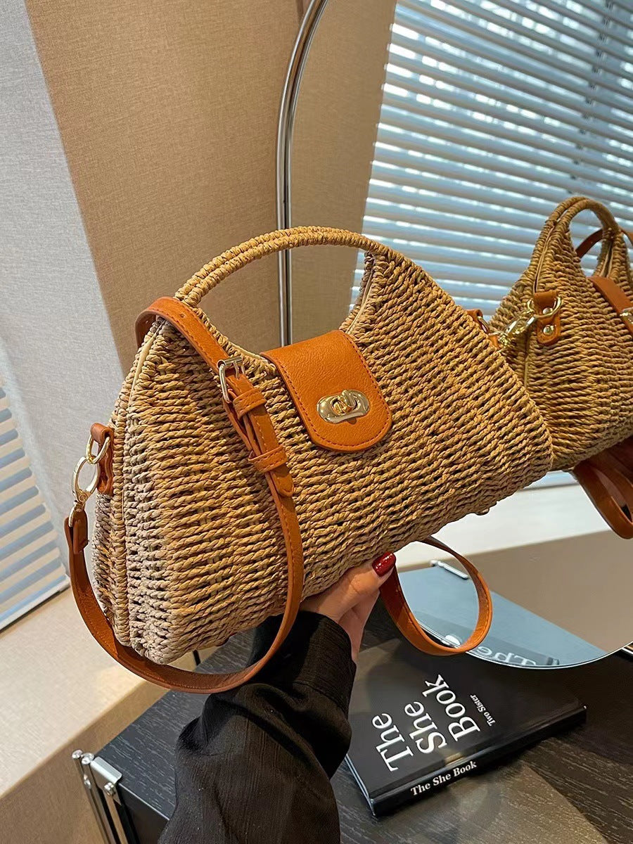 One Piece Hair Woven Bag Women's Bamboo Woven Bag Rattan Woven Bag Seaside Beach Portable Large Capacity Crossbody Bag Tote Bag