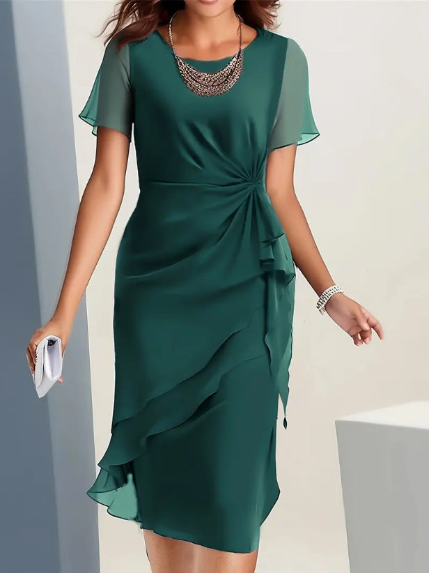 Cross-border independent station new 2025 summer dress stitching chiffon crew neck short sleeve dress