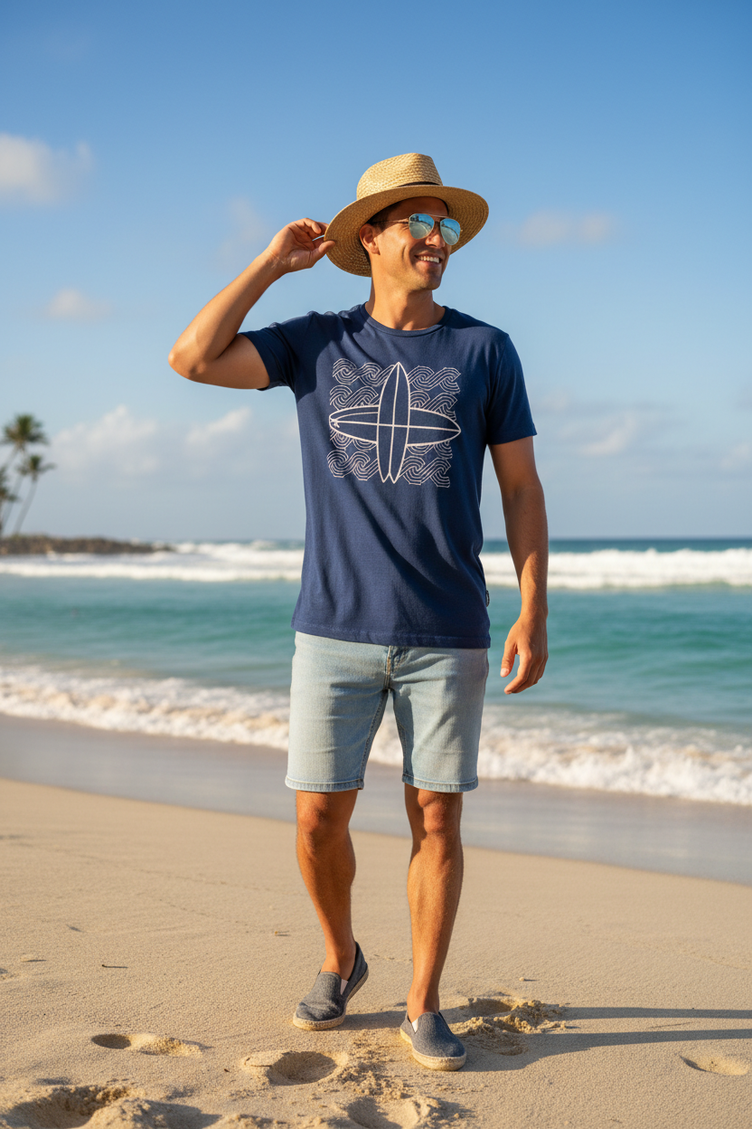 T-shirt de Praia Geométrico Surf — Azul Marinho