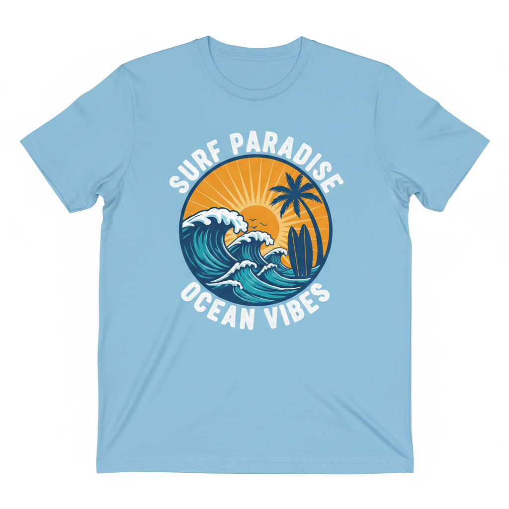 T-shirt de Praia Ondas & Silhuetas — Azul Claro