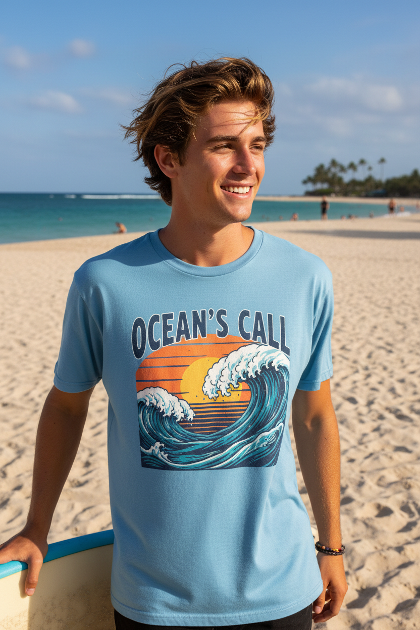 T-shirt de Praia Ondas & Silhuetas — Azul Claro