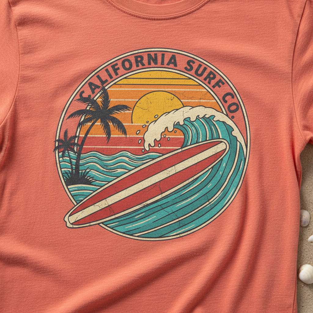 T-shirt de Praia Vintage Surf — Coral