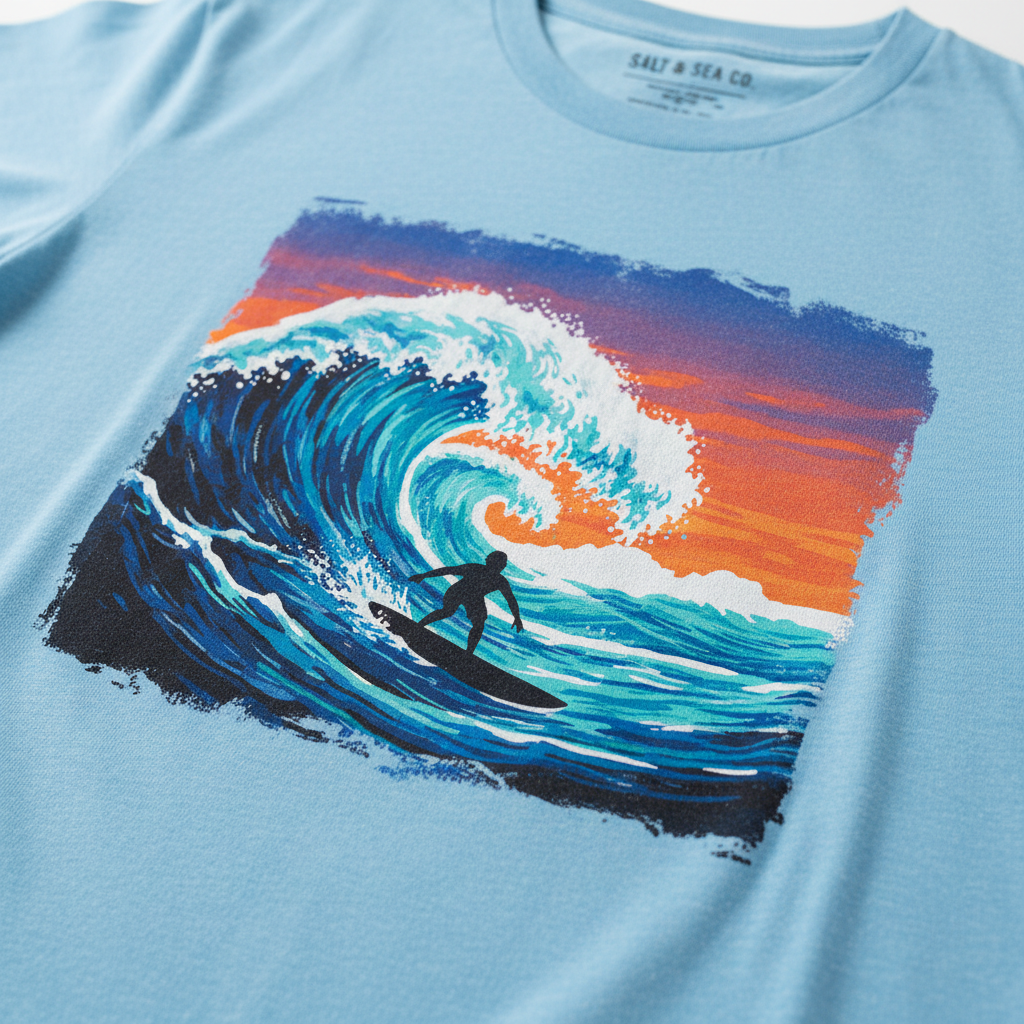 T-shirt de Praia Ondas & Silhuetas — Azul Claro