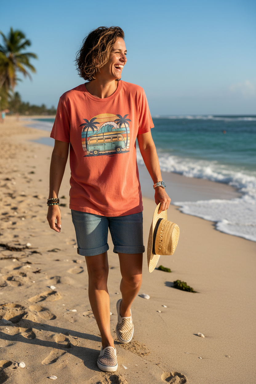 T-shirt de Praia Vintage Surf — Coral
